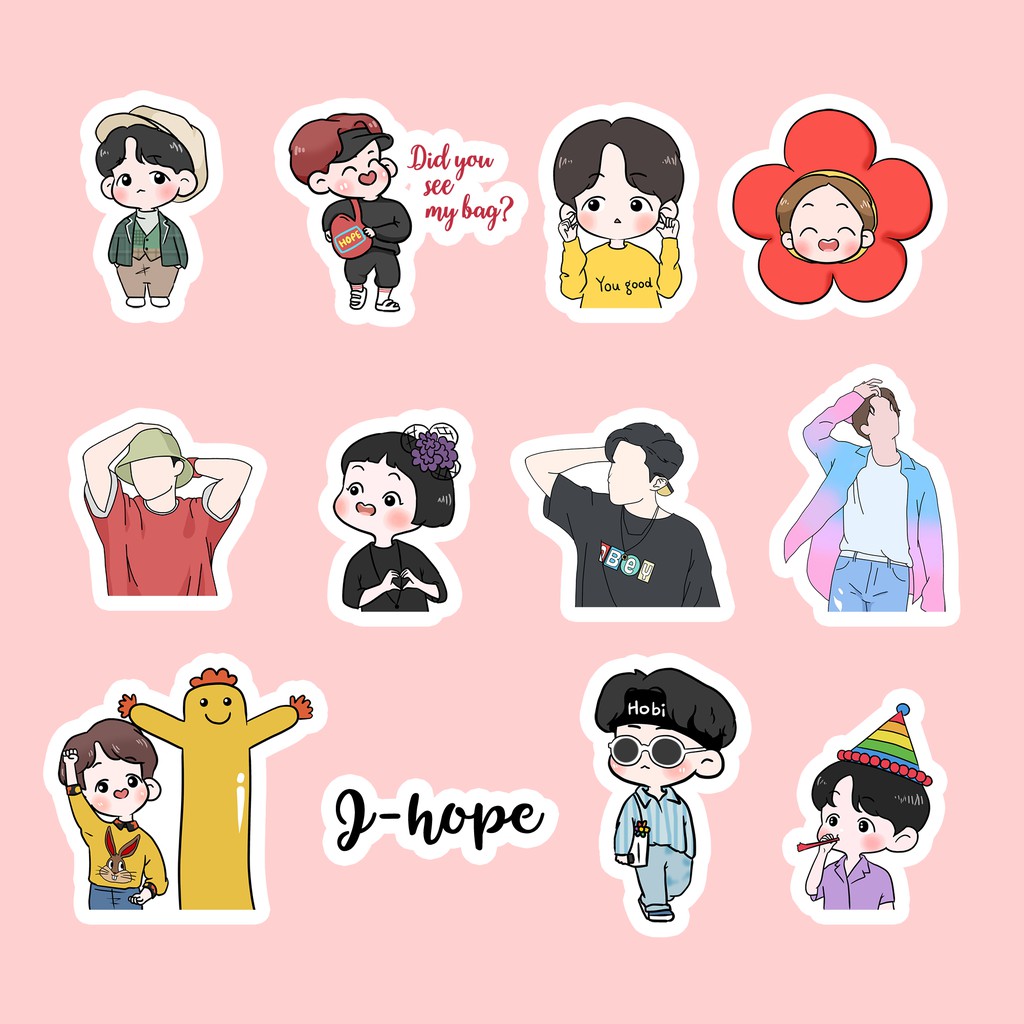 Set 14c sticker BTS Jhope chibi trang trí sổ laptop điện thoại