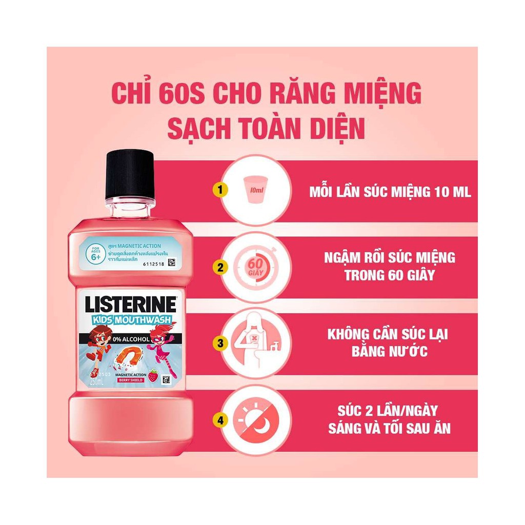 Nước Súc Miệng Listerine Kids Ngừa Sâu Răng Dành Cho Trẻ Em Listerine Kids 0% Alcohol Mouthwash 250ml