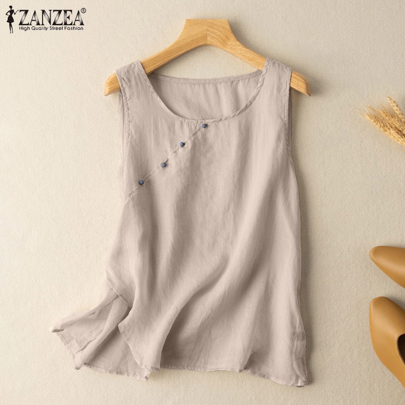 Zanzea Áo Kiểu Nữ Cộc Tay Cổ Tròn Màu Trơn Phong Cách Vintage