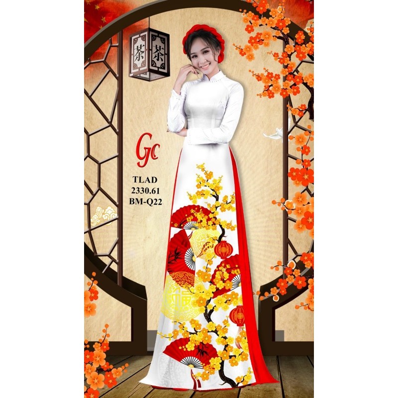 Vải Áo Dài Tằm Ý Hoa Mai Và Quạt
