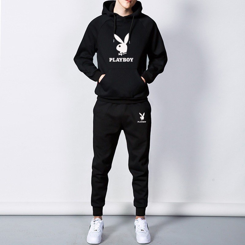 Đồ Bộ Nam Thể Thao Cao Cấp Thu Đông  PLAYBOY MÀU ĐEN - Set Đồ Bộ Nam Mặc Nhà Chất Nỉ Có Mũ Dài Tay