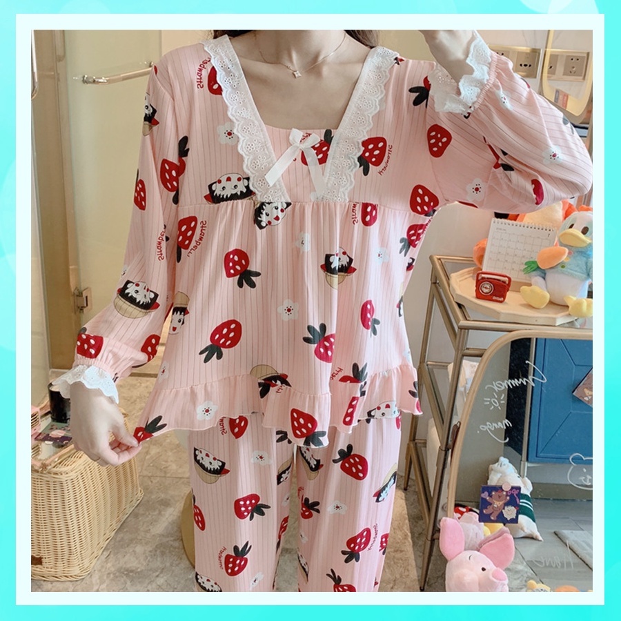 Đồ ngủ nữ mặc nhà dễ thương tay dài quần dài thu đông bigsize chất gân tăm mềm phối nơ cao cấp TDD03