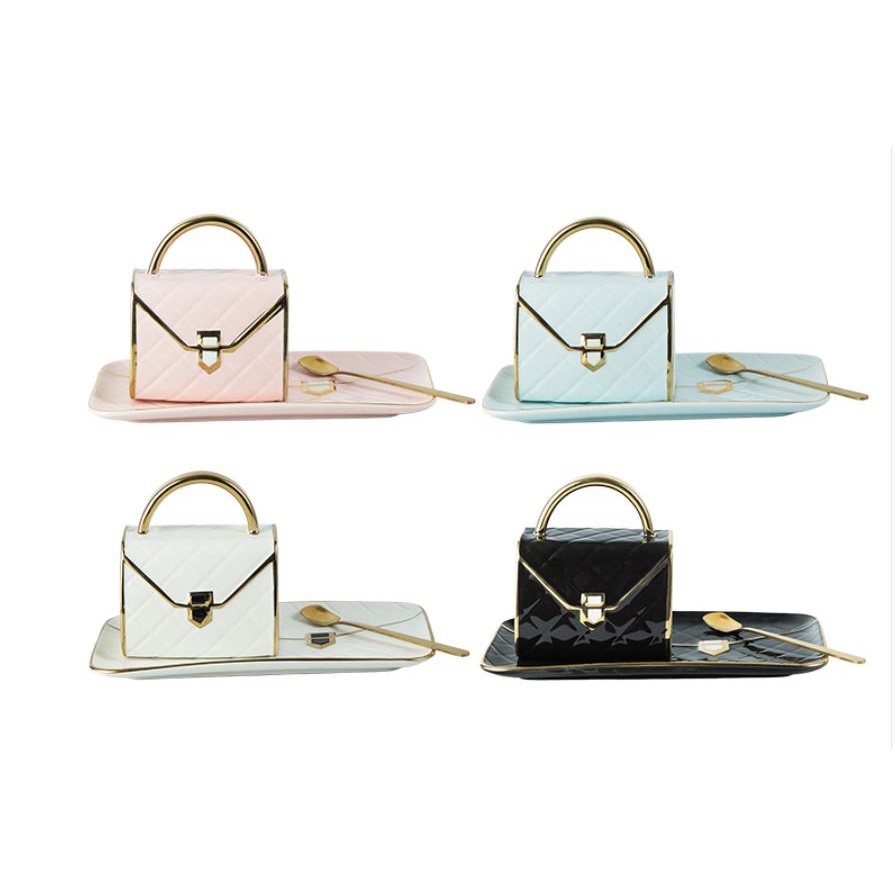 Cốc sứ quà tặng hình túi xách thời trang kèm đĩa và thìa mẫu mới