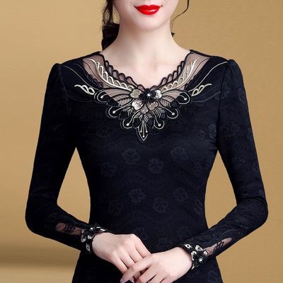Autumn Winter Women Slim V-neck Long-sleeved Lace Bottoming Large Size fashion Shirt | BigBuy360 - bigbuy360.vn
