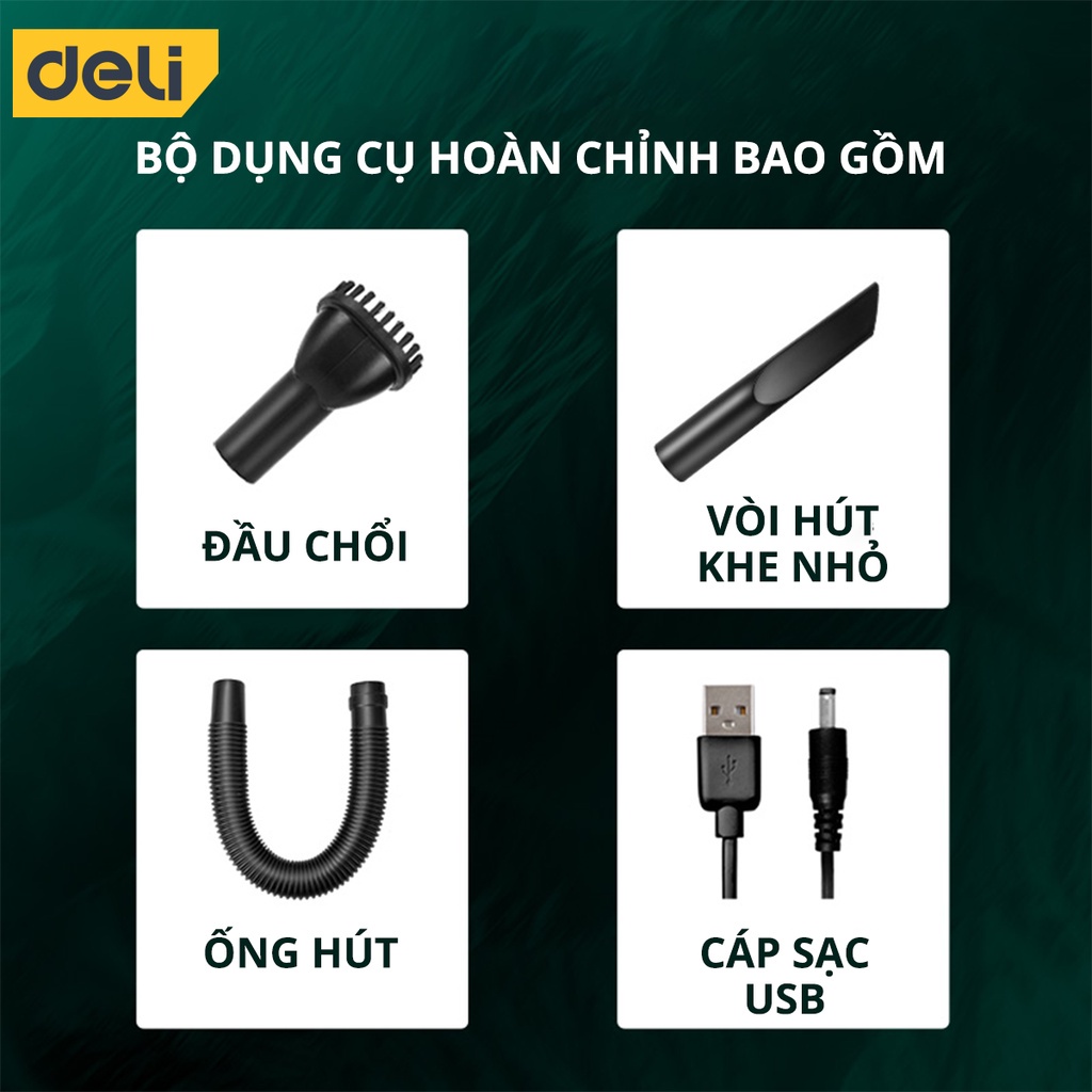 Máy Hút Bụi Cầm Tay Deli Chính Hãng Công Suất Cao - Nhỏ Gọn, TIện Lợi - Hút Bụi Ô Tô, Giường Sofa, Bàn Làm Việc Hiệu Quả