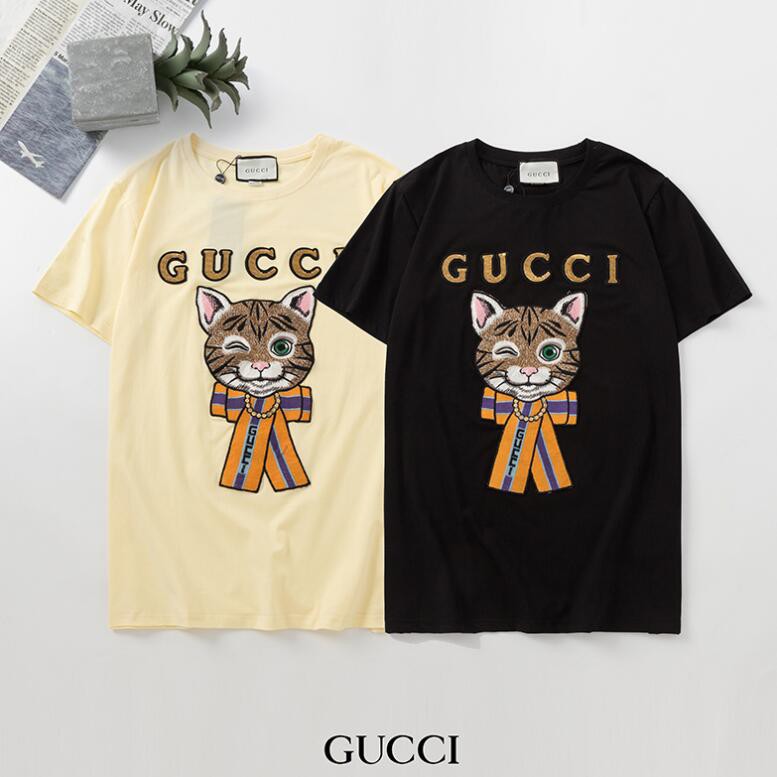 Áo thun tay ngắn chất liệu cotton thêu chữ Gucci thời trang cho nam nữ