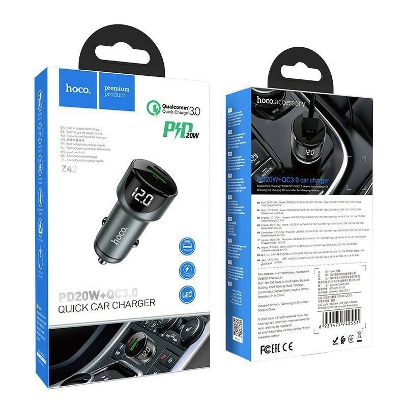(HOT) Tẩu xạc nhanh ô tô HOCO Z42 2 cổng USB và type C