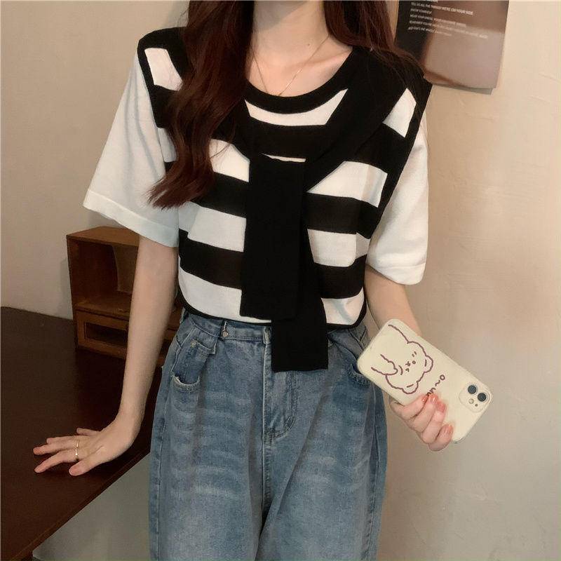 Áo Thun Nữ Giả Hai Lớp Dáng Rộng Họa Tiết Kẻ Sọc Phong Cách Retro Thời Trang Mùa Hè 2022 Mới