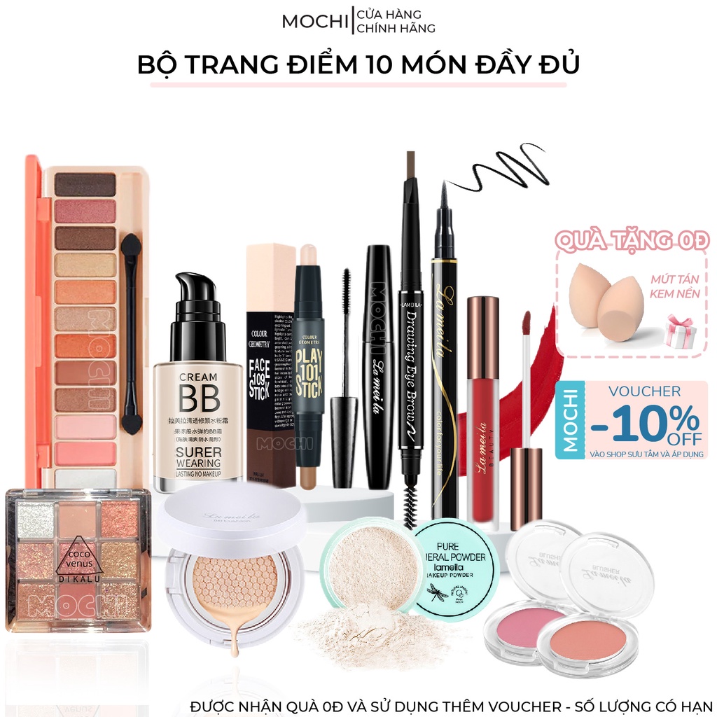 Bộ Trang Điểm Makeup 10 Món Đầy Đủ Kem Nền BB l Cushion l Phấn Phủ l Chì Kẻ Mày l Mascara l Phấn Mắt l Má Hồng l Son Môi