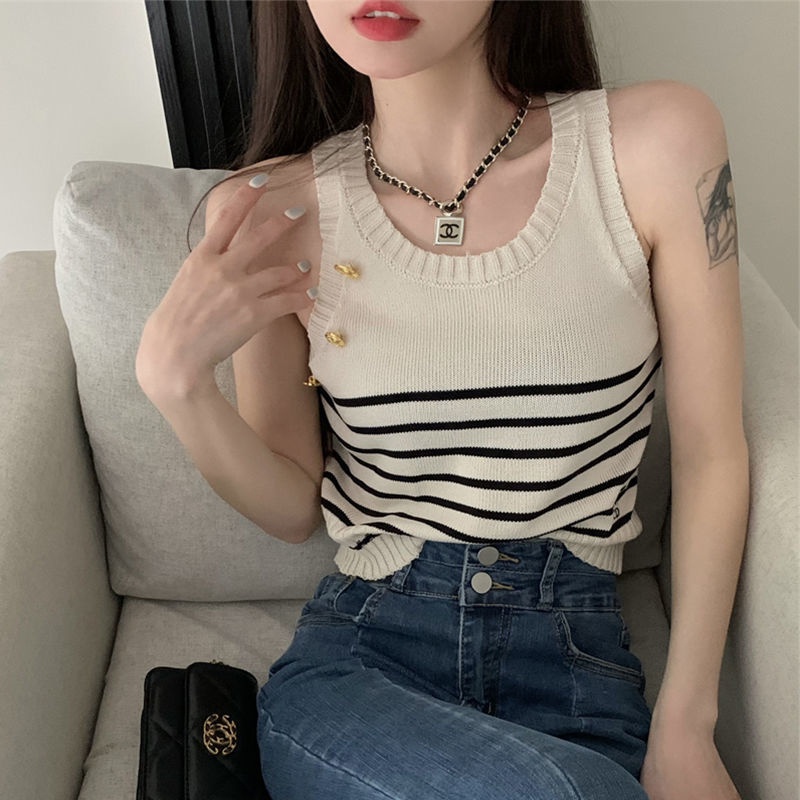 Áo hai dây ZHELIHANGFEI dệt kim họa tiết kẻ sọc phong cách quyến rũ