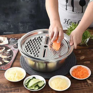 Bộ nạo rau củ quả đa năng inox 3 in 1 - bộ rổ nạo củ quả kèm chậu