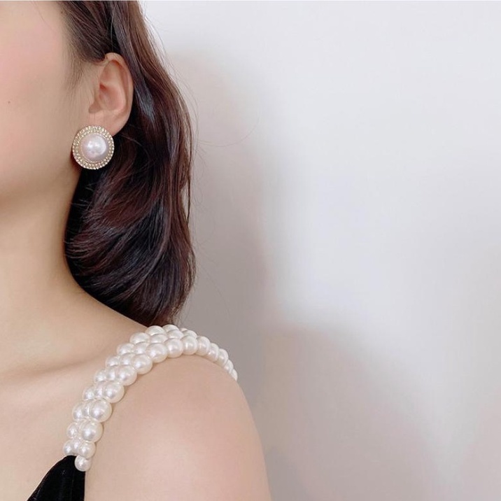 Bông Tai Mạ Bạc 925 Hình Tròn Đính Ngọc Trai Kim Cương Toàn Diện Phong Cách Pháp Cổ Điển Cho Nữ