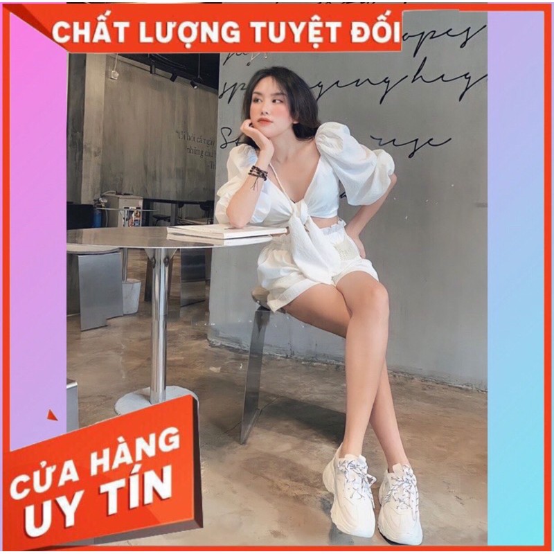 Croptop Tay Lỡ Thắt Nơ & Quần Short