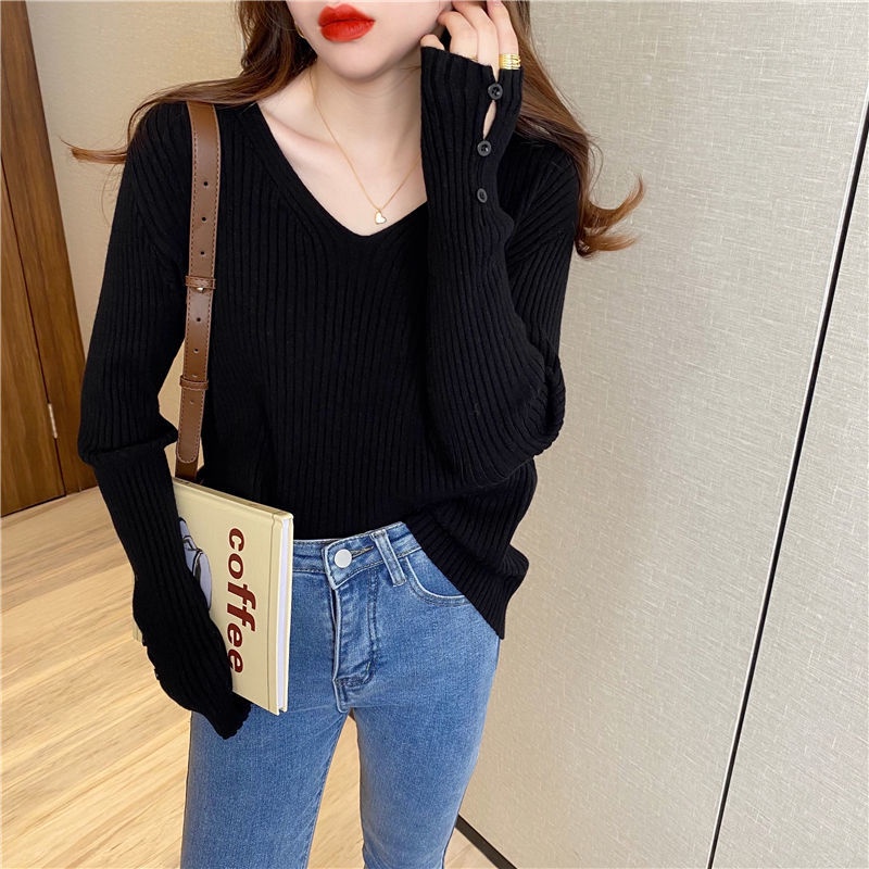 Áo Len Nữ Tay Dài Cổ Chữ v Màu Trơn Thời Trang