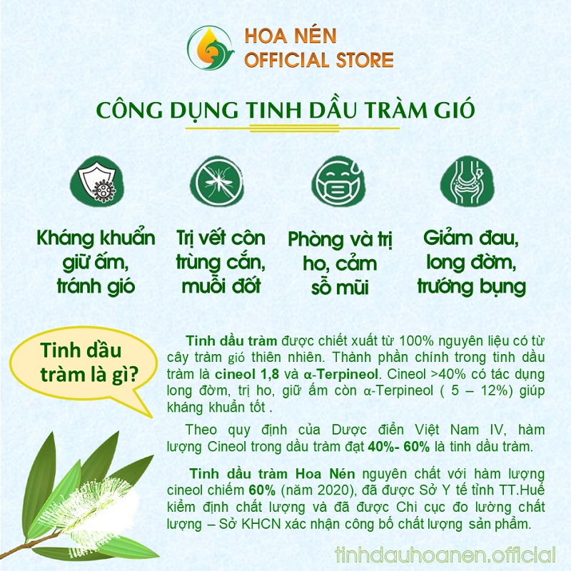 Tinh Dầu Tràm Nguyên Chất Hoa Nén - Dầu tràm nguyên chất, giữ ấm cơ thể, chiết xuất 100% từ lá tràm gió thiên nhiên