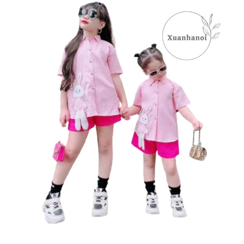 Set cặp mẹ con áo sơ mi kẻ đáp gấu quần đùi có 4 mầu XHN854