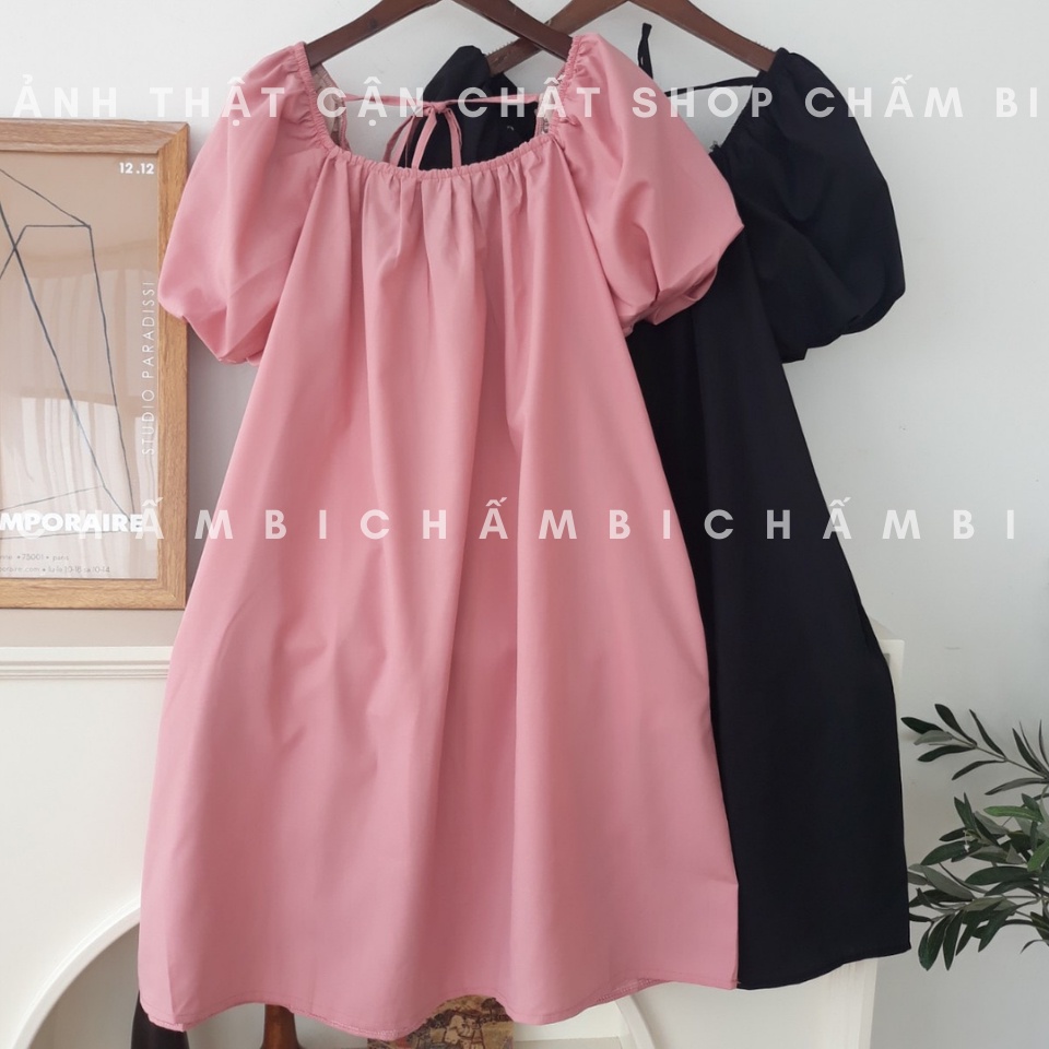Váy kiểu Hàn Quốc V.083, Váy babydoll dáng ngắn cổ vuông tay bồng buộc nơ lưng hai màu đen hồng | BigBuy360 - bigbuy360.vn