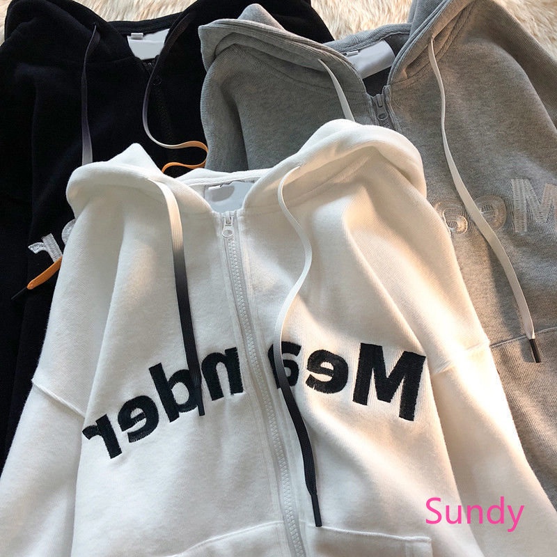 Áo Khoác Hoodie Dáng Rộng Thêu Chữ Plus Size Cho Nữ