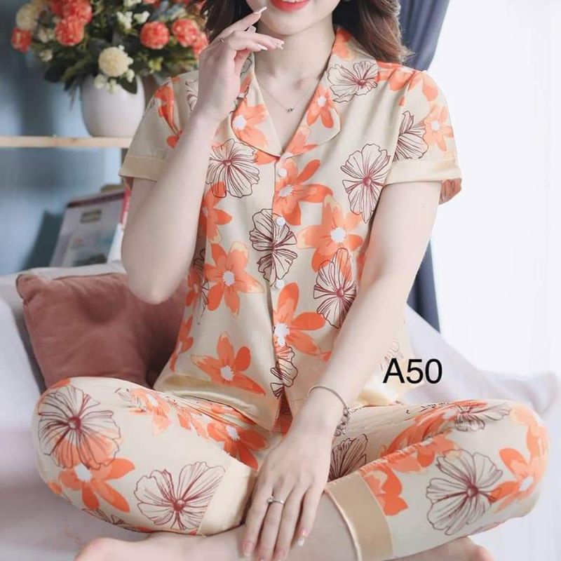 Bộ Đồ Nữ Mặc Nhà, Đồ Ngủ Nữ Cao Cấp - Set Nữ Chất Lụa Họa Tiết Hoa, 3 màu Full Size