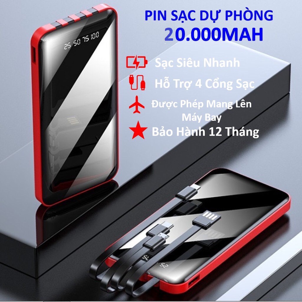 Sạc dự phòng YM276S 20.000mAh, Tích hợp 3 cáp sạc Micro, Lingtning, TypeC, 1 cáp USB