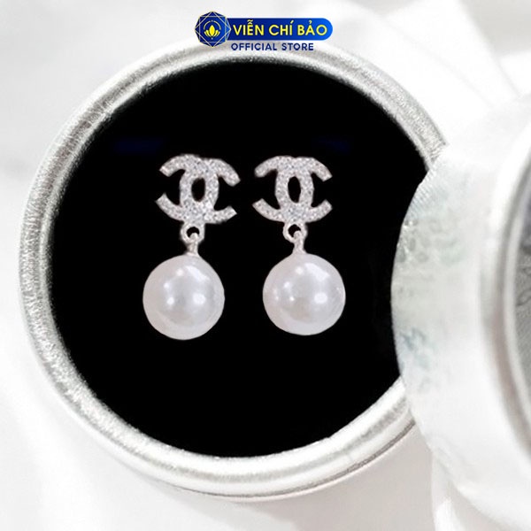 Bông tai bạc nữ trái châu chữ CC đính đá chất liệu bạc 925 thời trang phụ kiện trang sức nữ Viễn Chí Bảo B400011