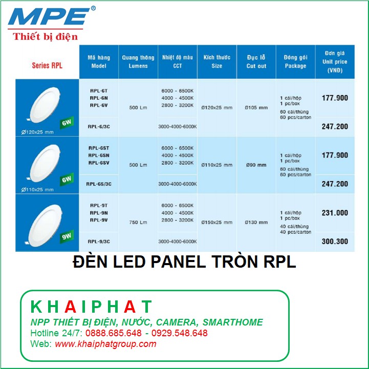 ĐÈN LED ÂM TRẦN DOWNLIGHT PANEL TRÒN 6W, 9W, 12W, 15W, 18W, 24W RPL MPE MÀU VÀNG CHÍNH HÃNG GIÁ RẺ - KHẢI PHÁT ELECTRIC