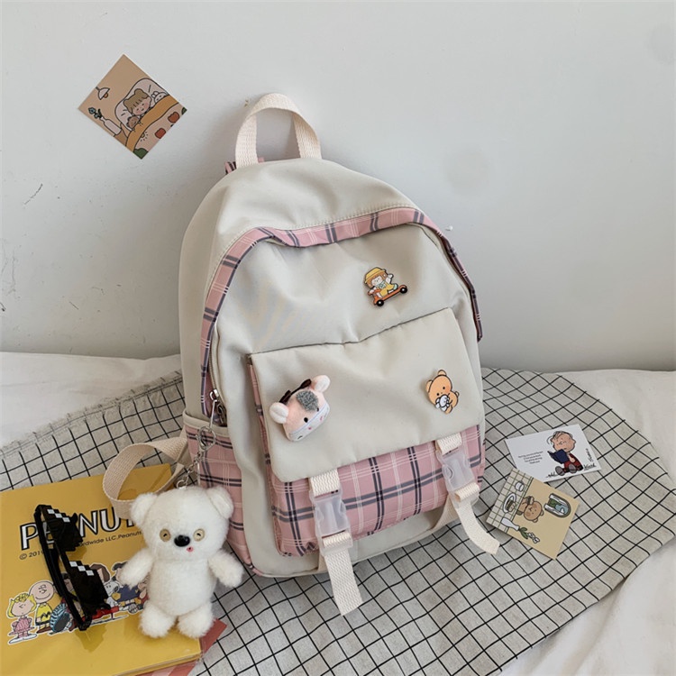 Balo Ulzzang Nữ Đi Học Đẹp Kẻ Sọc Caro Dễ Thương Cute Bằng Vải Canvas (tặng kèm 3 sticker gắn)