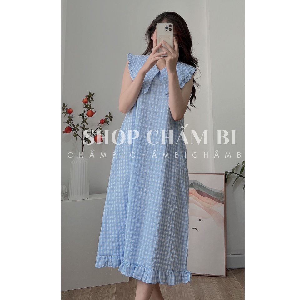 Váy dáng dài sơ mi kẻ caro V.124, Váy dáng dài sơ mi cổ bèo kẻ caro 3 màu bánh bèo -Thời trang nữ Chấm Bi