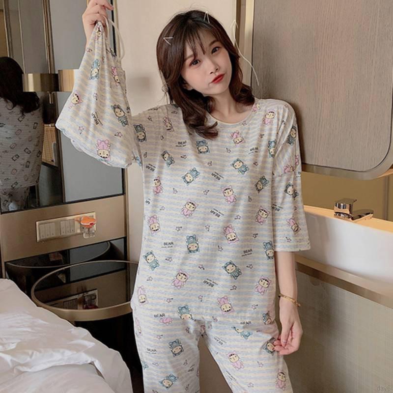 Bộ Pijama nữ tay lửng in hoa phong cách Hàn Quốc