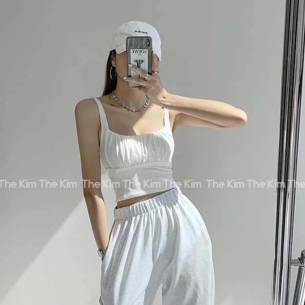 Áo 2 dây cổ U nhún ly ngực croptop , áo thun chất cotton co giãn tôn dáng The Kim A102