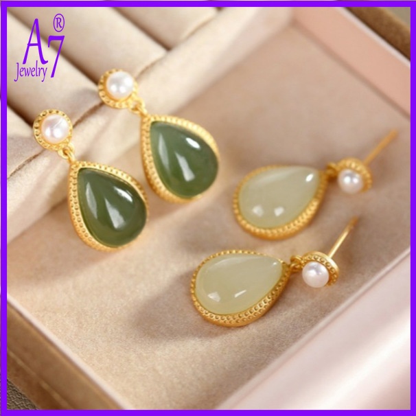 Bông Tai Bạc A7 S925 Đính Đá Ngọc Bích Hình Giọt Nước Thanh Lịch