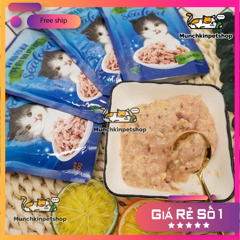 Pate cho mèo Happy Akachan Cá Ngừ,Gà,Sò,Mực Ống Nhuyễn Mịn Gói 60gr