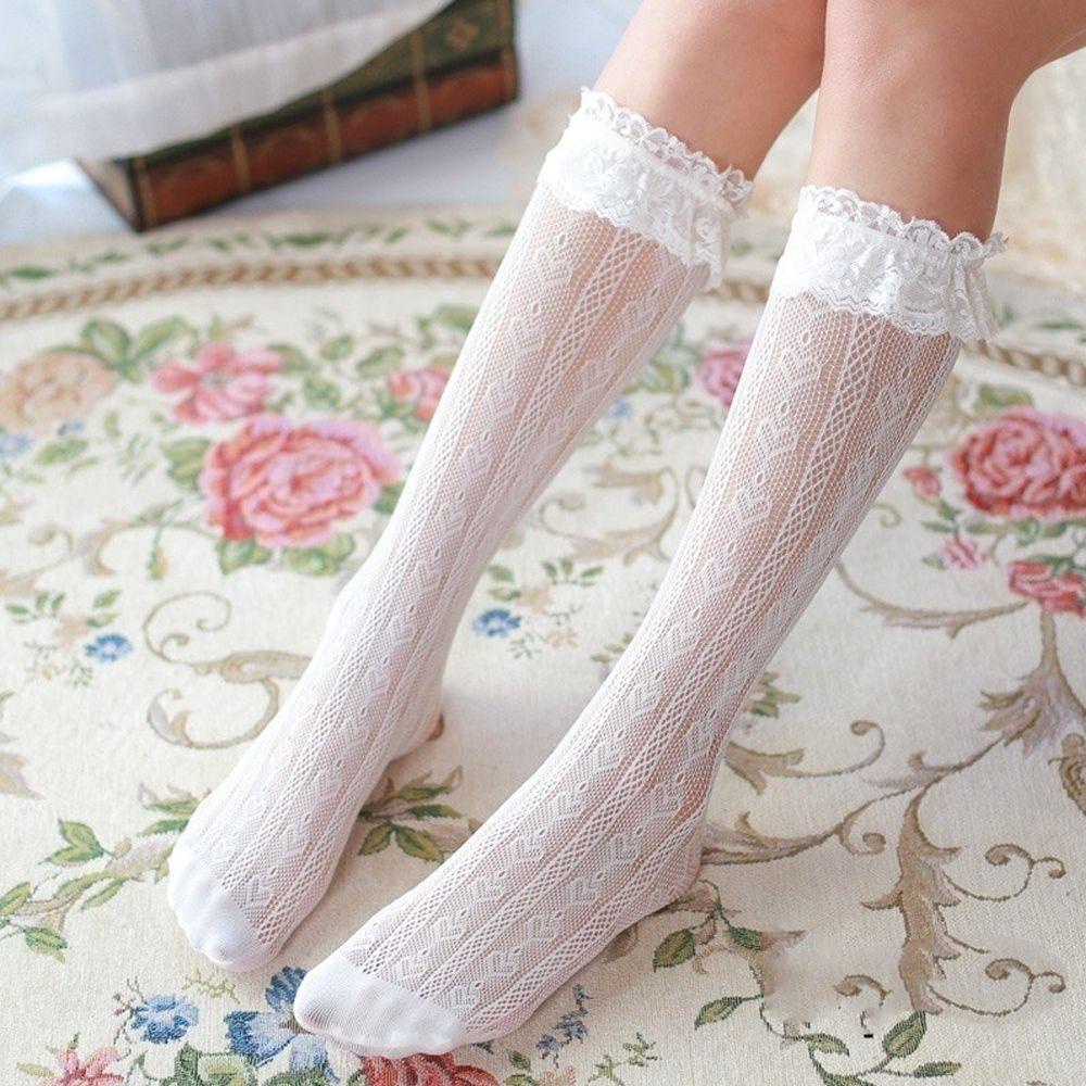 FUTURE High Quality Lolita Socks Girl Gift Transparent Lace Bow Socks Love Flower Pattern Cosplay Costumes Accessories Elastic Fashion Maid Knee High/Multicolor