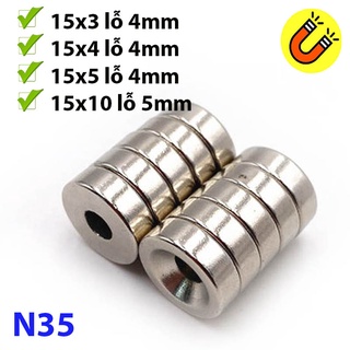 Nam châm tròn đất hiếm đường kính 15x3/4/5/10 lỗ 4mm từ tính N35