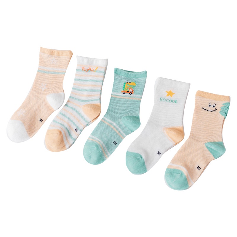 Set 5 Đôi Vớ Lưới cotton Mỏng Thoáng Khí In Họa Tiết Hoạt Hình Động Vật Cho Bé