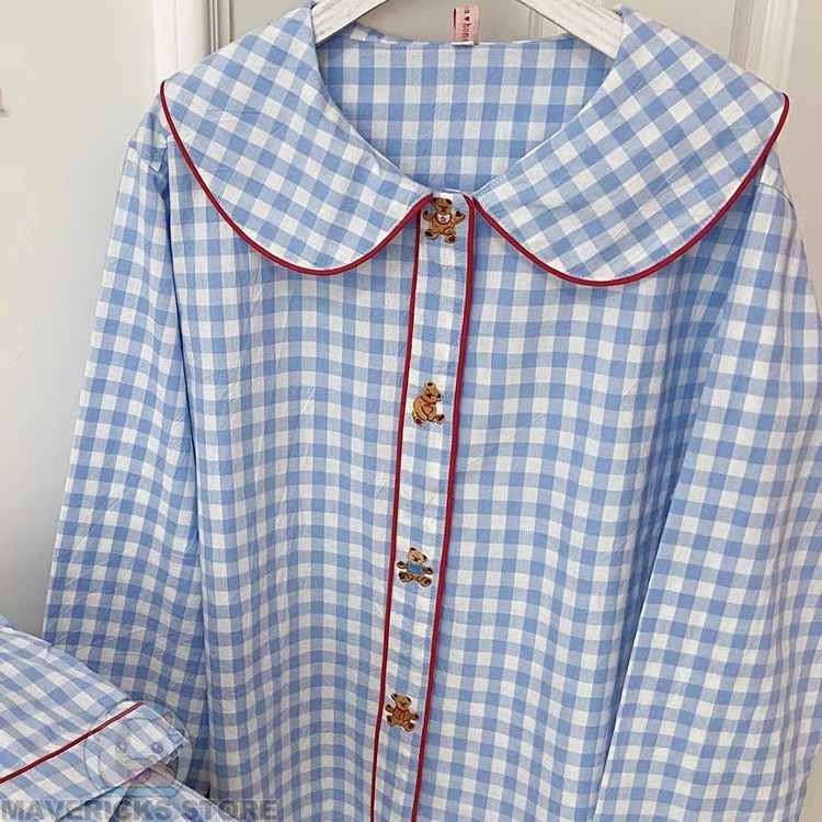Bộ Đồ Ngủ Pijama Sọc Caro Xanh Dương Phong Cách Hàn Quốc Cho Nữ