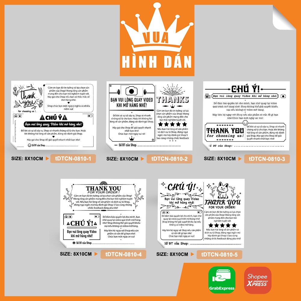 Set 50/100 tem dán cảm ơn khách và lưu ý quay video mở hàng (8x10cm) tem dán kiện hàng dành cho shop 1.025 Vua hình dán