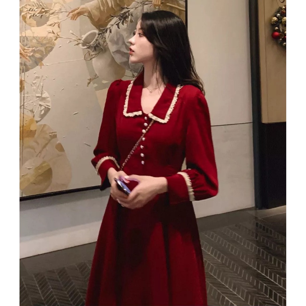 [HCM] Đầm Nữ Dự Tiệc Tay Dài Đính Nút Viền Cổ Thời Trang Nữ Sam Closet Free Size 40-55kg
