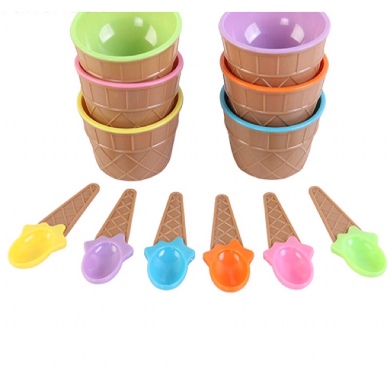 Bộ chén muỗng hình ly kem, dụng cụ làm slime bằng nhựa nhiều màu dễ thương
