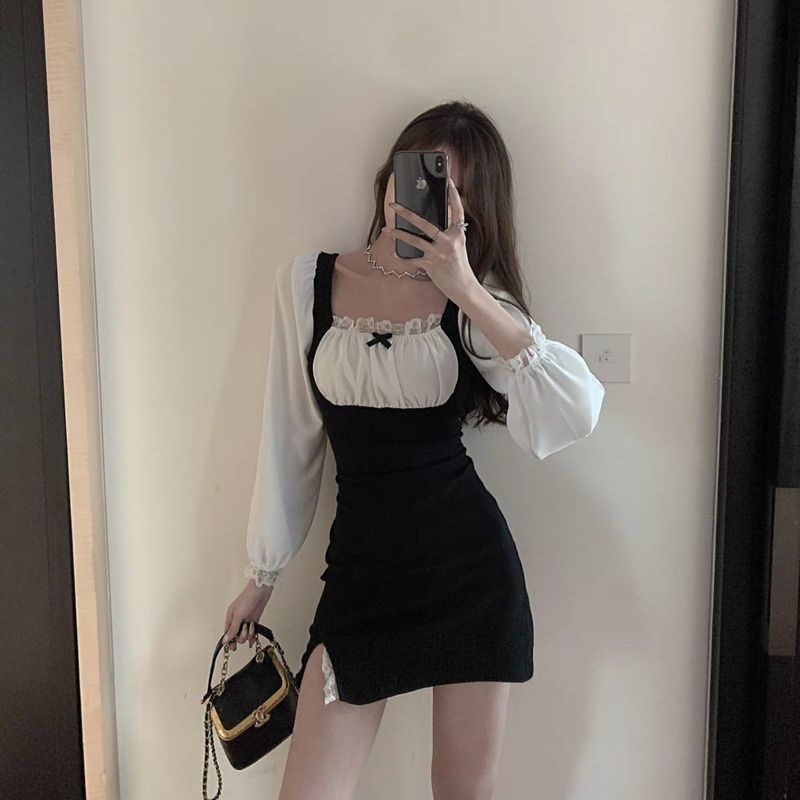 Đầm body xẻ tà phối áo dài tay ren trắng phong cách gợi cảm cá tính cho nữ