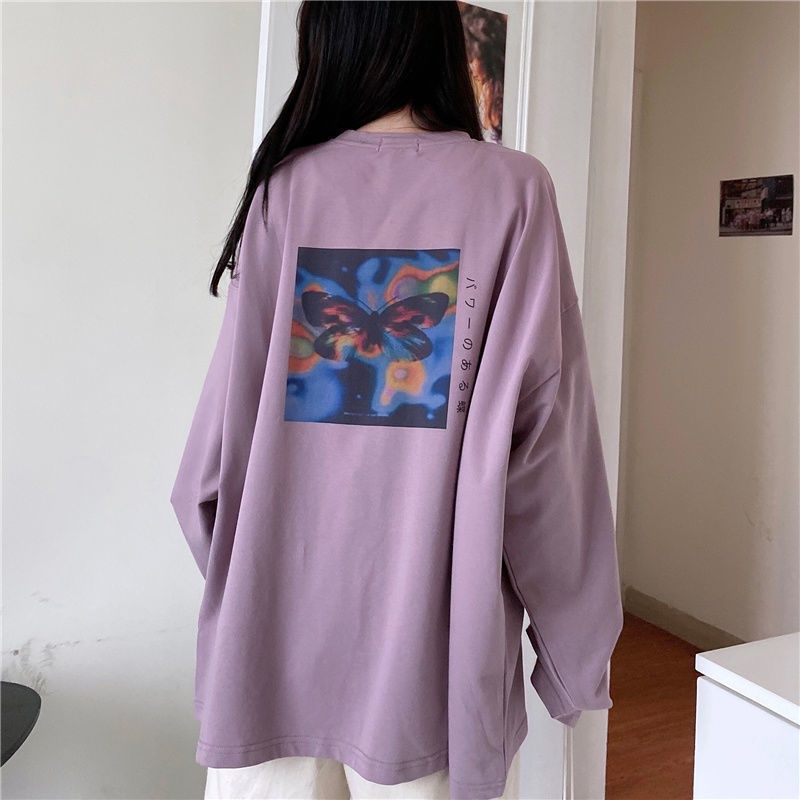 Áo Thun Tay Dài Dáng Rộng In Họa Tiết Bươm Bướm Phong Cách Nhật Hàn Thời Trang 2022 Cho Nữ