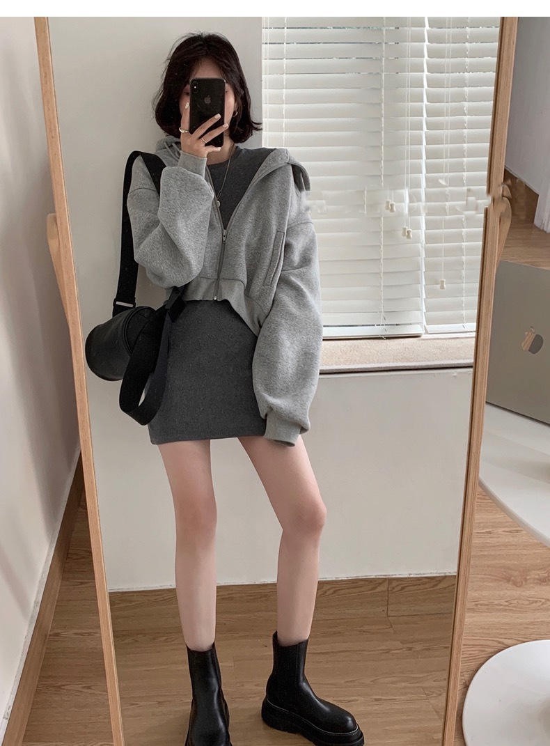 Set Áo Hoodie Lửng Phối Chân Váy Ngắn Thời Trang Thu Đông 2020 Cho Nữ