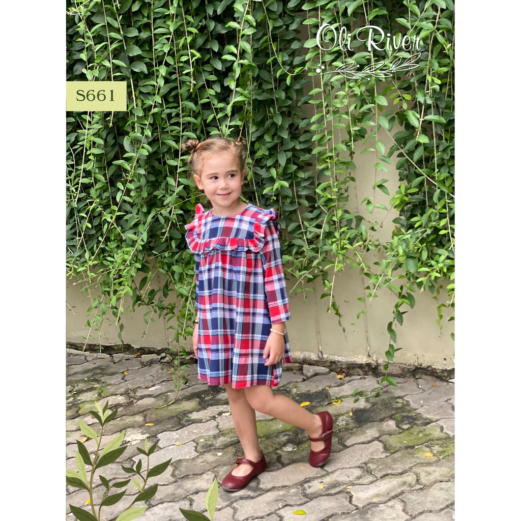 ĐẦM BÉ GÁI TAY DÀI HỌA TIẾT CARO OLIRIVER 7489