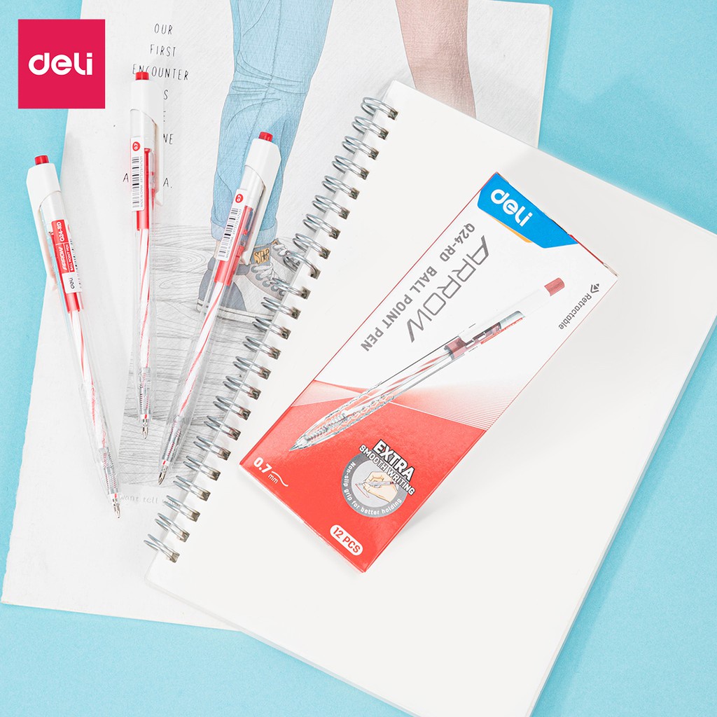 Bút bi bấm văn phòng mực xanh đen đỏ ngòi 0.7mm Deli giá rẻ viết nét đều trơn tru phù hợp cho học sinh EQ24