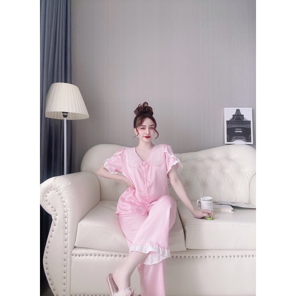 đồ bộ nữ mặc nhà tay ngắn quần dài cổ phối ren vải lụa satin dưới 57kg