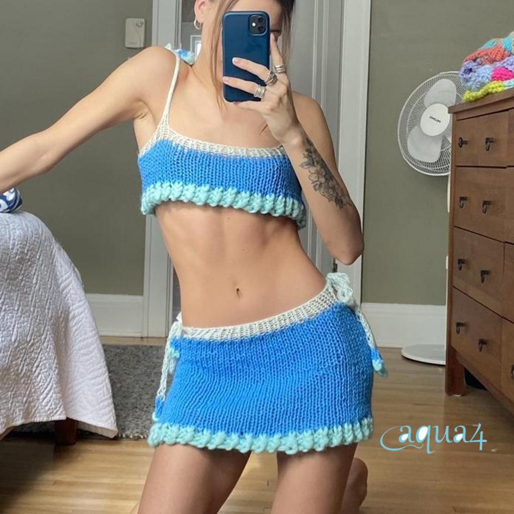 Bộ Áo Croptop Dệt Kim + Chân Váy Mini Hai Dây In Khối Màu Sắc Ngọt Ngào Thời Trang Mùa Hè Cho Nữ Y2K E-Girl 90s