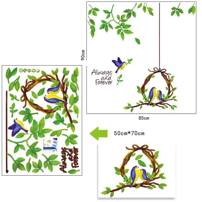 Decal dán tường phòng khách trang trí nhà cửa Combo xanh xe đạp và tổ chim - chất liệu PVC vinyl cao cấp