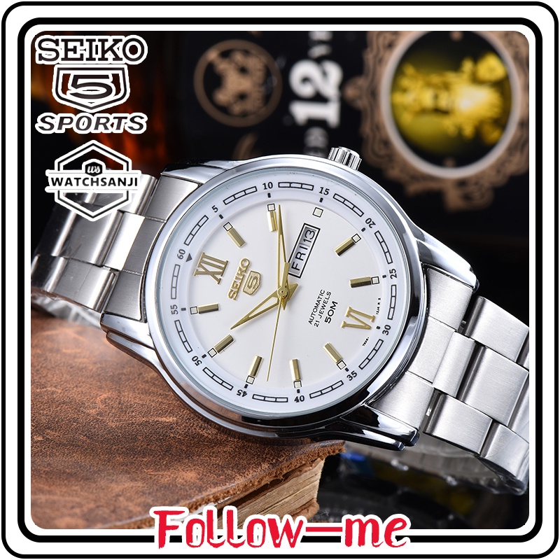 Original Men Watches Seiko 5 21 Jewels Automatic Watch for Men Luminous waterproof Black dial calendar Silver Stainless steel strap
