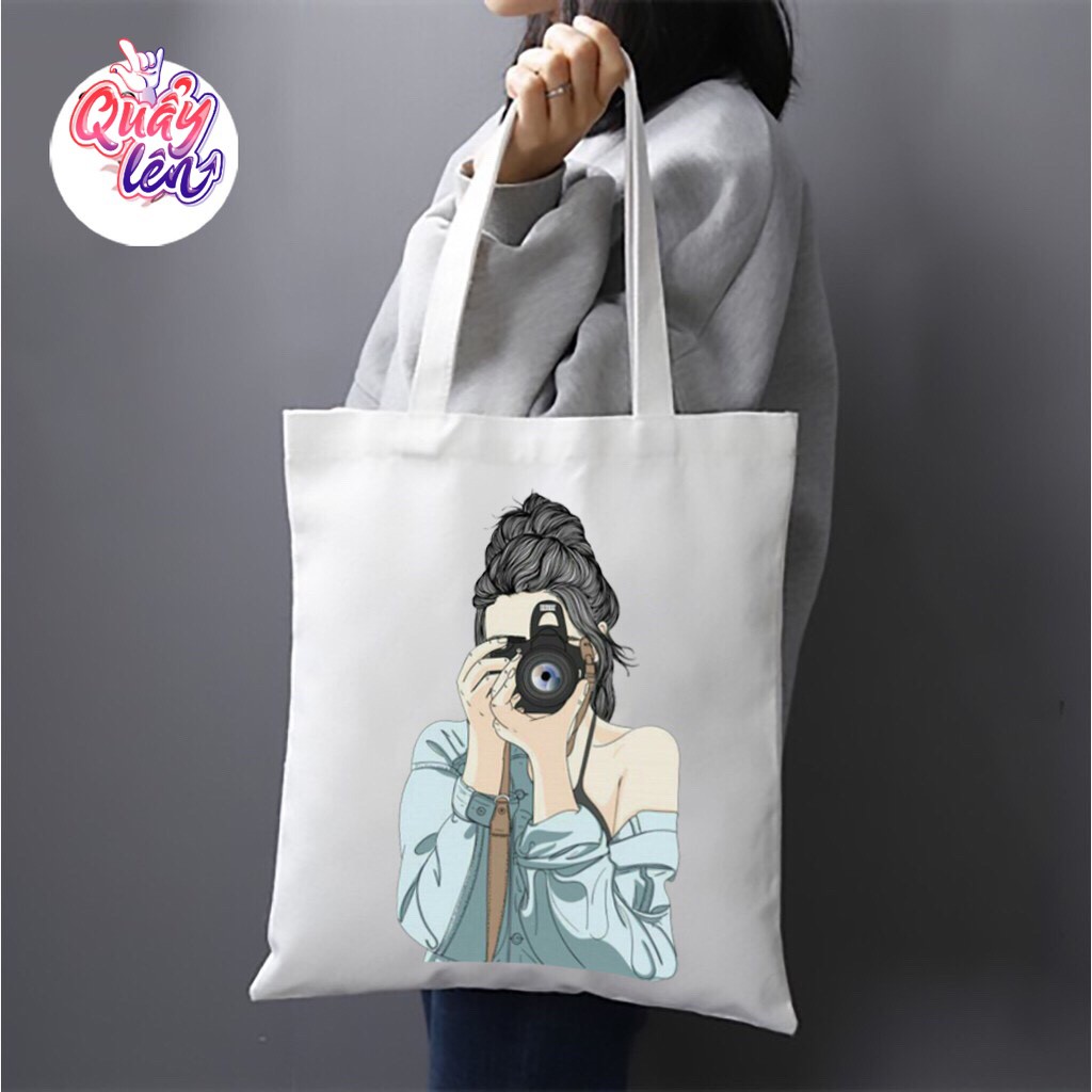 Túi tote vải canvas họa tiết cô gái dễ thương có khóa miệng