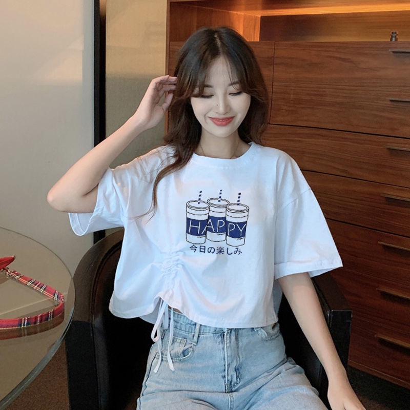 Áo Thun Ngắn Tay Dáng Rộng Eo Cao Phối Dây Rút Phong Cách Hàn Quốc Thời Trang Mùa Hè Dành Cho Nữ Sinh